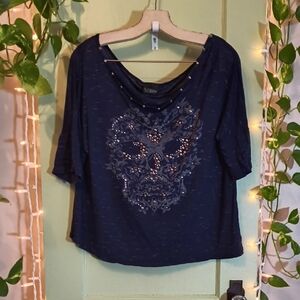 Women's Daytrip Navy Embellished Skull Loose Fit Crop Tee M